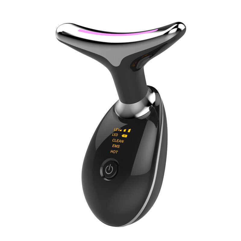 Masseur du Cou et du Visage à Micro-courant Noir: technologie avancée pour tonifier, raffermir et rajeunir la peau. Design ergonomique, modes multiples et batterie rechargeable pour une expérience spa professionnelle à domicile. Réduit visiblement rides et ridules, stimule la circulation pour une peau éclatante. Disponible sur Beautytechglobal.net.